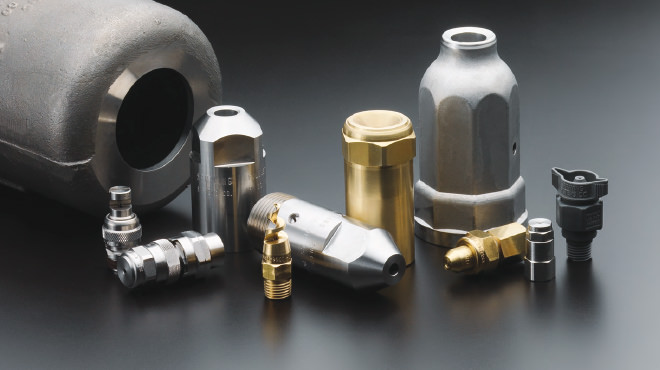 group of full cone nozzles in brass and stainless steel