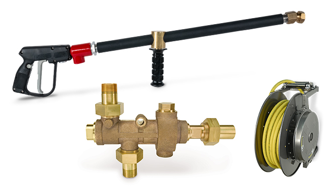 washdown nozzle, hose reel and steam-heated washdown system